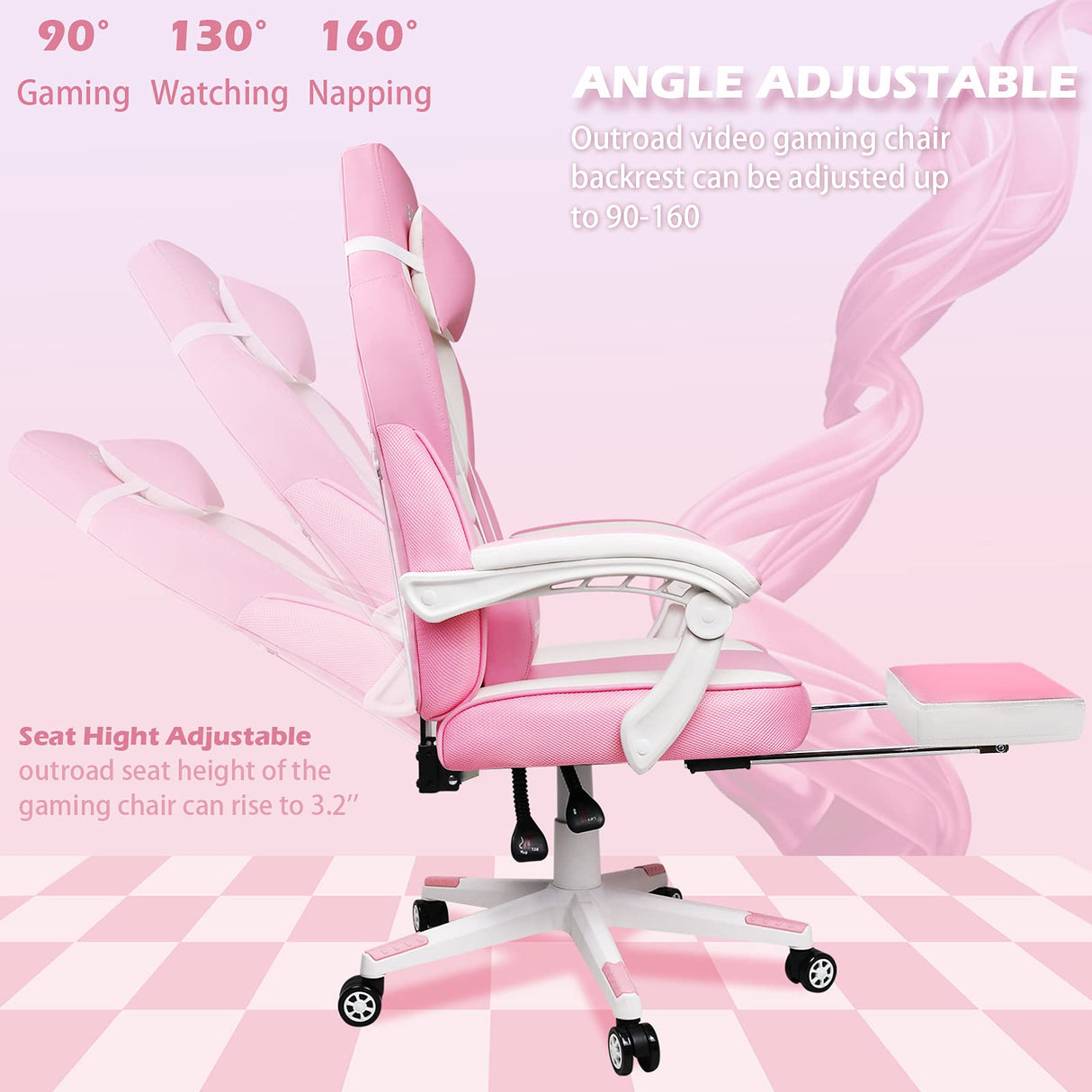 LEMBERI Pink Gaming Chair with footrest, Kawaii Cute Pink Gamer Chair for Girl,Girls Video Game Chairs,Computer Gaming Chair with Headrest and Lumbar Support LEMBERI