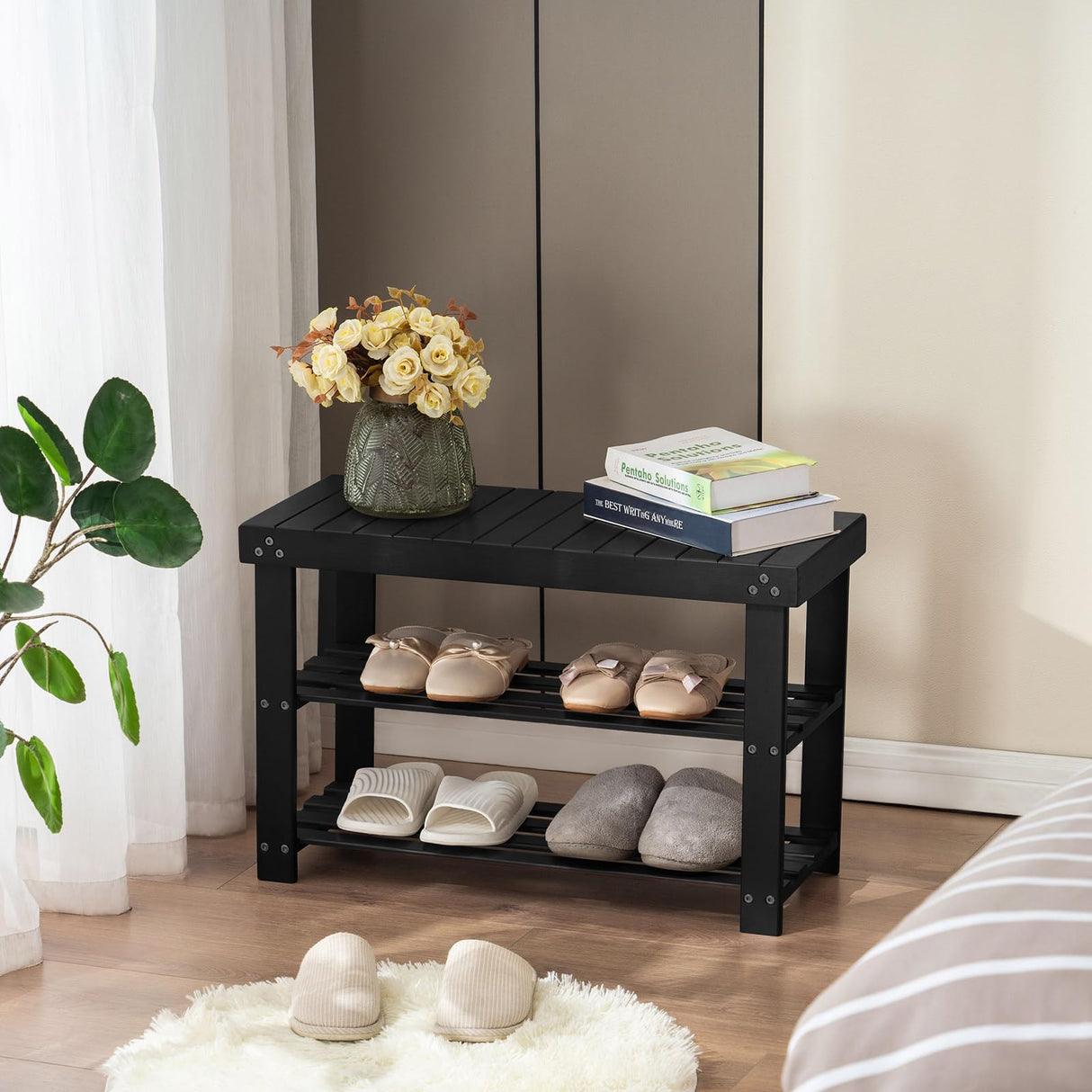 Apicizon Bamboo Shoe Rack for Entryway, 3-Tier Shoe Rack Bench for Front Door Entrance, Small Shoe Organizer with Storage, Black Apicizon