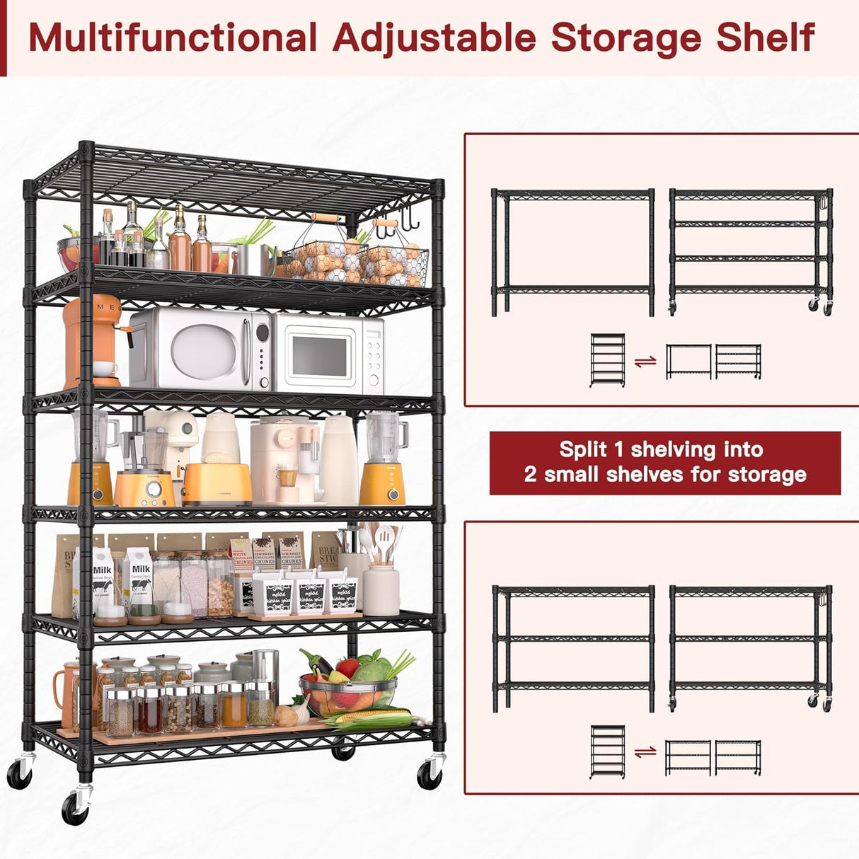 PrimeZone 6 Tier Wire Shelving with Wheels 79''H 1500lbs Storage Shelves NSF Certified Heavy Duty Steel Metal Shelf Adjustable Rolling Rack Kitchen Garage Closet Pantry Laundry 79''HX36''WX16''D 2Pcs PrimeZone