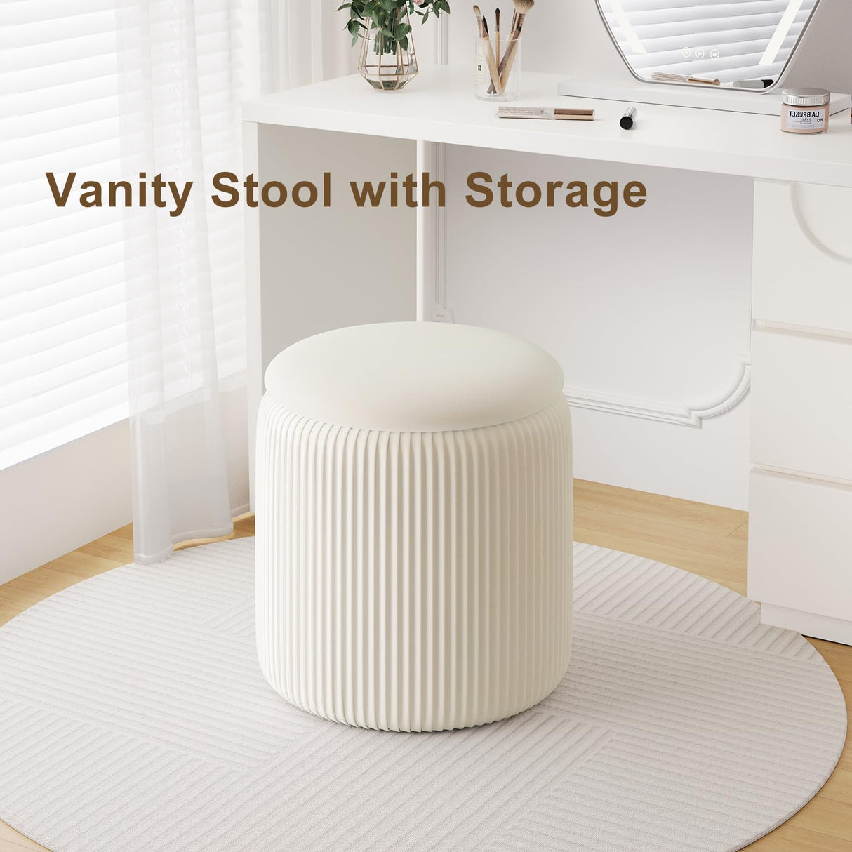 Round Ottoman with Storage Set of 2, White Vanity Stool, Upholstered Velvet Storage Ottomans, Makeup Chair Seat for Bedroom, Small Pouf Footstool for Living Room Recximi