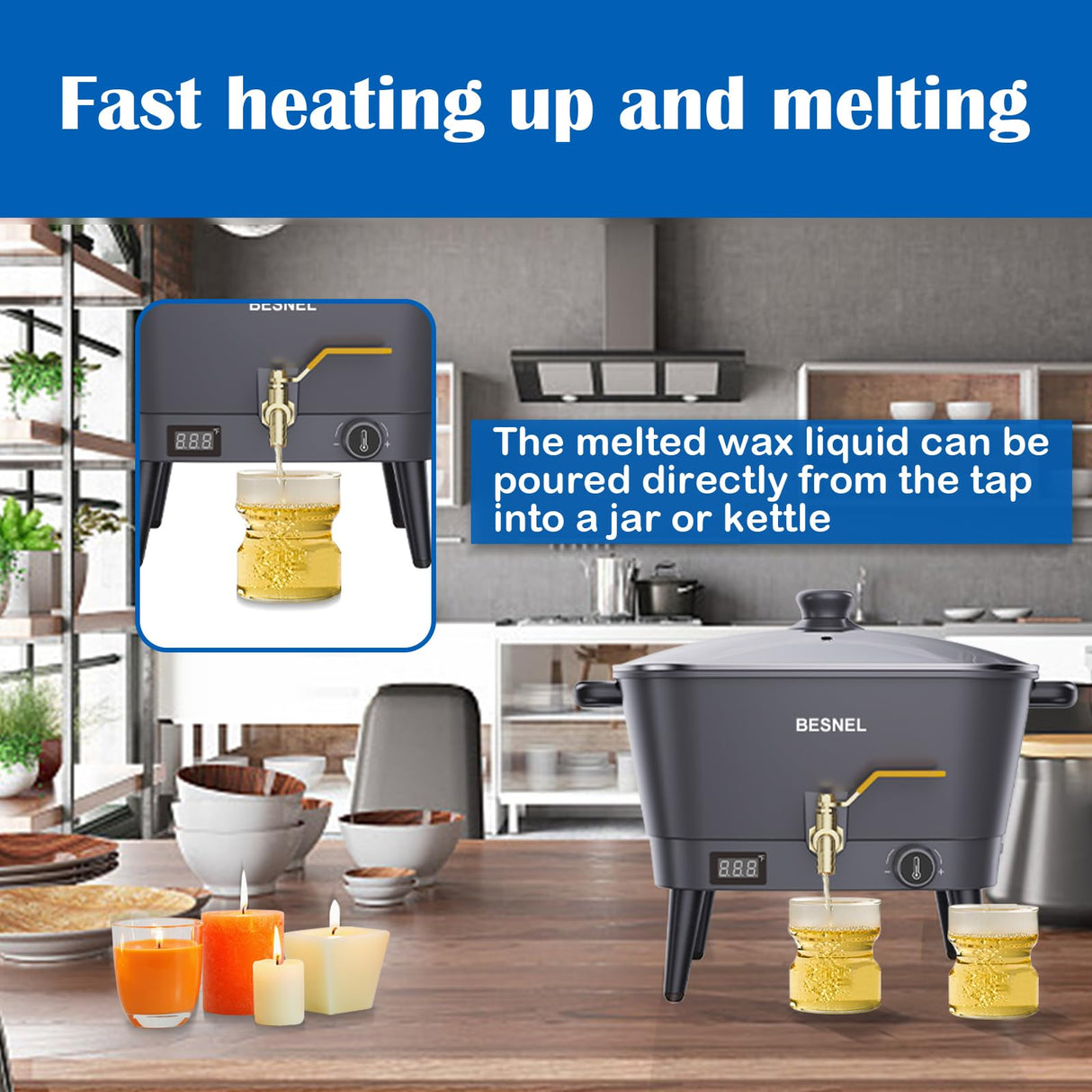 BESNEL Wax Melter for Candle Making, Electric Non-Stick Wax Melter Holds 8Qts of Wax,Soy Wax for or Soap Business Candle Making with Heat Resistant Handle & Brass Spout,Temp Control (Black) VOISEN