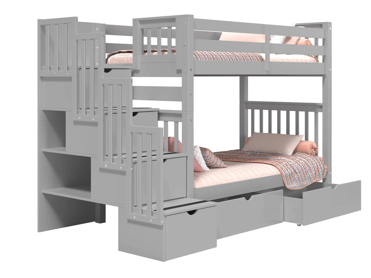 Bedz King Tall Stairway Bunk Beds Twin over Twin with 4 Drawers in the Steps and 2 Under Bed Drawers, Gray Bedz King