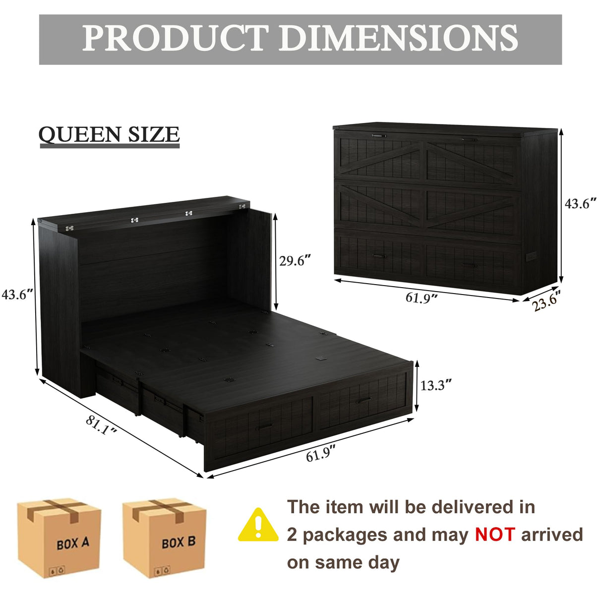 DalyLuxa Queen Size Multi-Functional Murphy Cabinet Bed with Charging Station, Farmhouse Queen Size Bed Frame with Drawer, Hidden Folding Murphy Bed Chest for Bedroom, Black DalyLuxa