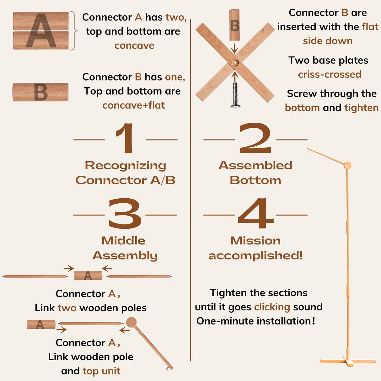 Lanttoe Crib Mobile Arm Wooden Floorstanding - 61 Inches Mobile Arm for Crib|Movable Baby Mobile Hanger|Strong Anti-Dumping Attachment|100% Natural EU Beech Wood|Thicker Wooden Pole|Boho Nursery Decor Lanttoe