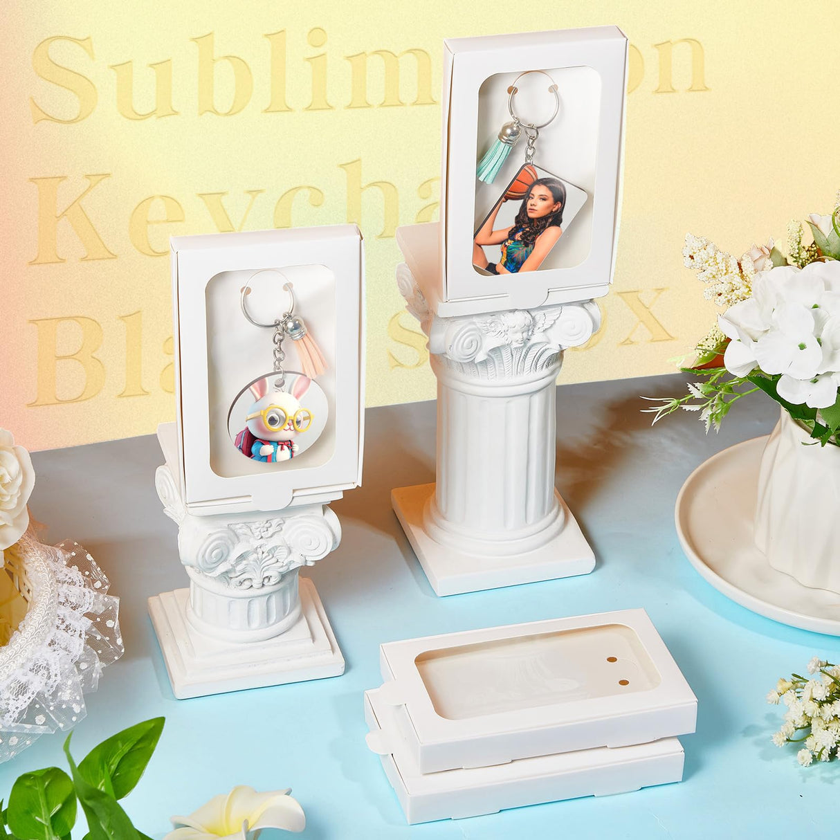 Dunzoom 30 Pcs Sublimation Keychain Blanks Gift Box 5.4" x 3.4" x 0.7" MDF Sublimation Blanks Holder Acrylic Keychain Packaging Box with Window Display Card for Rectangle Round Keychain Gift Wrapping Dunzoom