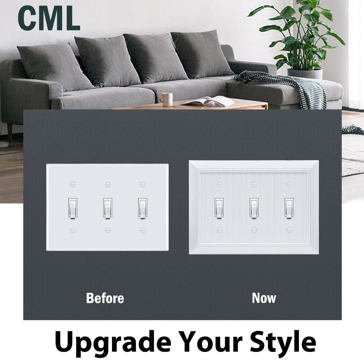 CML Classic Triple Toggle Switch Wall Plate, 3-Gang Outlet Cover, 2 Pack, Vintage Retro Wood Grain Design Beadboard Wallplate, Impact Resistant, Standard Size 6.87”X 4.87”, White CML Hardware