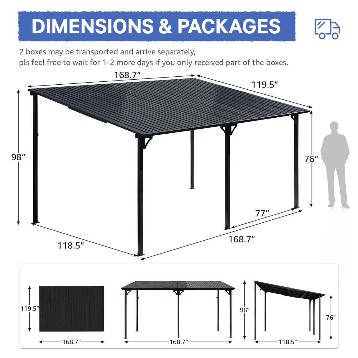 SUNSITT 10'x 14' Gazebo, Outdoor Lean to Gazebo Pergola w/Drainage Holes, Wall-Mounted Gazebo with Hard Top Metal Awnings for Patio Backyard Deck, Dark Grey SUNSITT