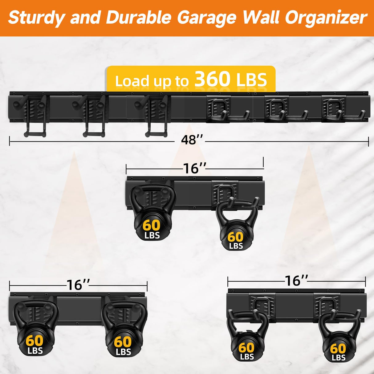 WEZAFO Garden Tool Organizer Wall Mount, Heavy Duty 48 Inches Garage Organization and Storage Racks for Yard Tools with 6 Hooks, Tool Hangers Holders for Hanging Folding Chair, Rake and Shovel WEZAFO