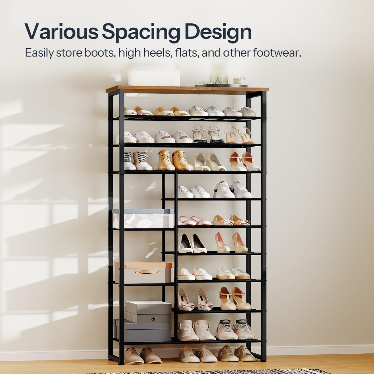 HOOBRO Shoe Rack, 10-Tier Shoe Shelf with Boots Storage, Large-Capacity Shoe Storage Organizer for Entryway, for 27-30 Pairs of Shoes, Hallway, Dorm Room, Rustic Brown and Black BF172XJ01 HOOBRO