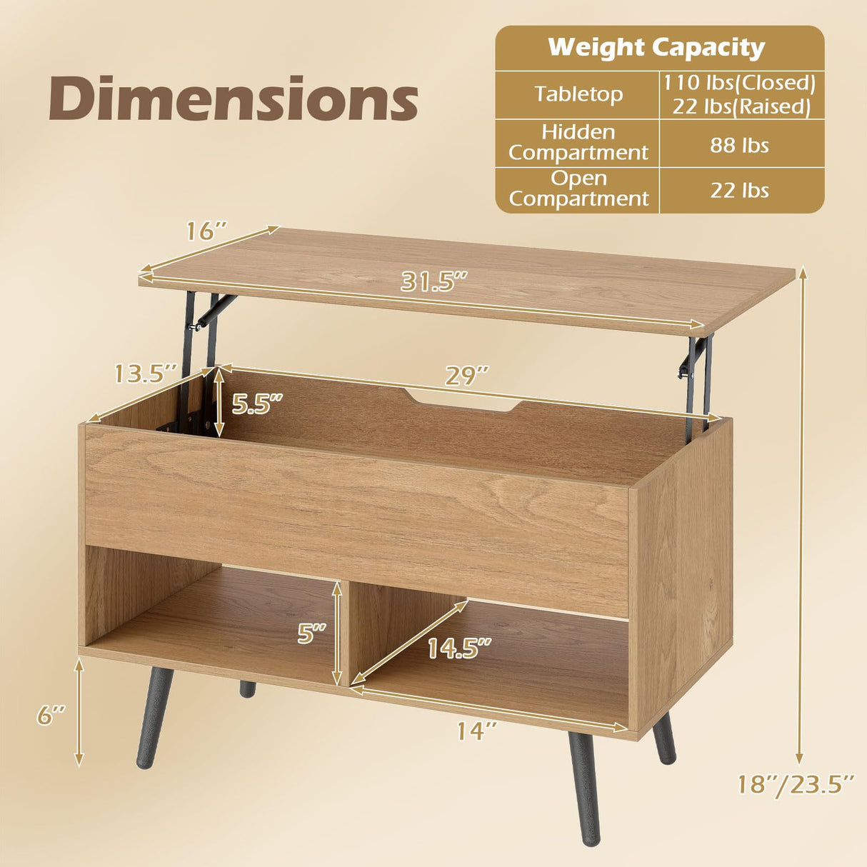 Giantex Lift Top Coffee Table, Modern Cocktail Table w/Hidden Compartment & 2 Open Shelves, Flip Top Center Table, Wooden Pull up Coffee Table for Living Room, Reception Room, Office (Natural) Giantex