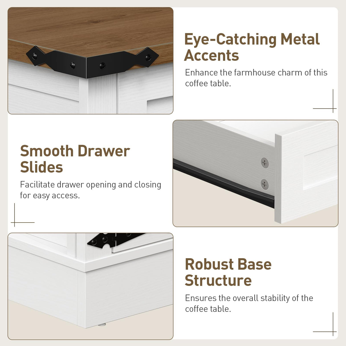 RALGEND Farmhouse Lift Top Coffee Table with Storage, Square Wooden Center Table with Drawers for Living Room, Rustic Coffee Table with Hidden Compartment, White and Walnut