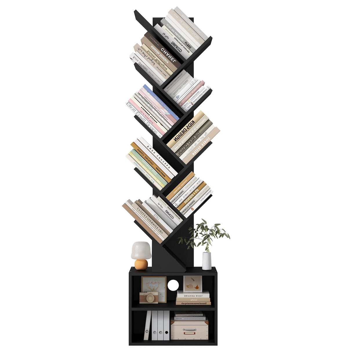 Azaeahom 8 Tier Tree Bookshelf, Wood Bookcase with Storage Cabinet, Modern Tall Narrow Bookshelves Organizer, Floor Standing Book Shelf for Bedroom/Living Room/Home Office/Corner (Black, 8 Tier) Azaeahom