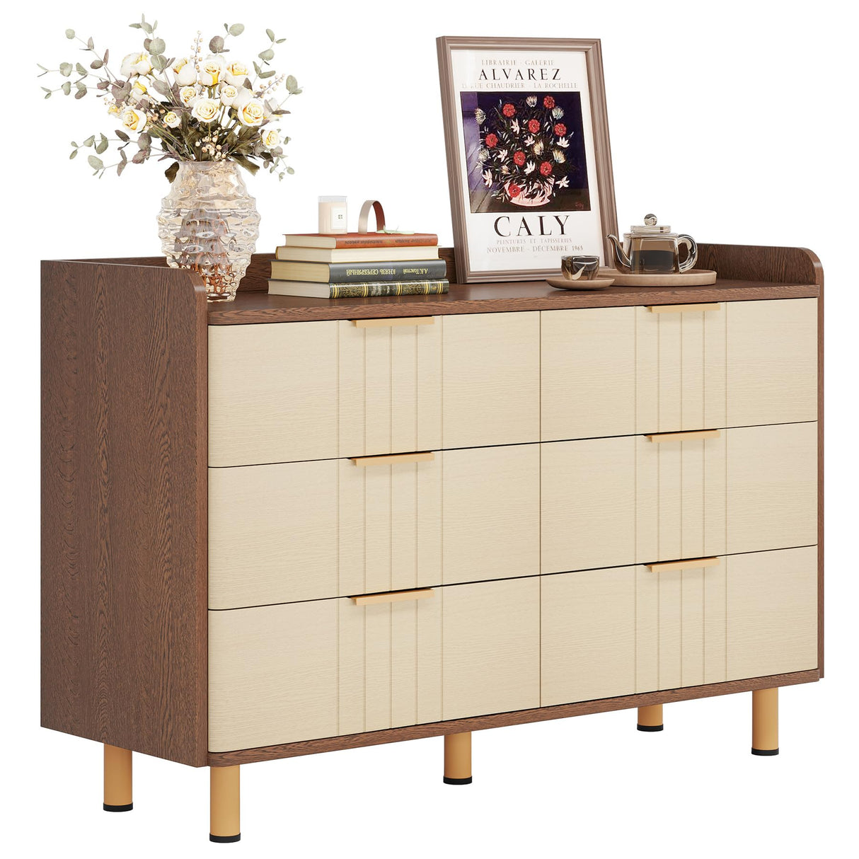 Tribesigns 6-Drawer Double Dresser, Modern Chest of Deep Drawers, Wooden Storage Dresser Organizer with Gold Metal Handles & Sturdy Legs, Large Storage Cabinet for Bedroom, Living Room, Brown & Oak Tribesigns