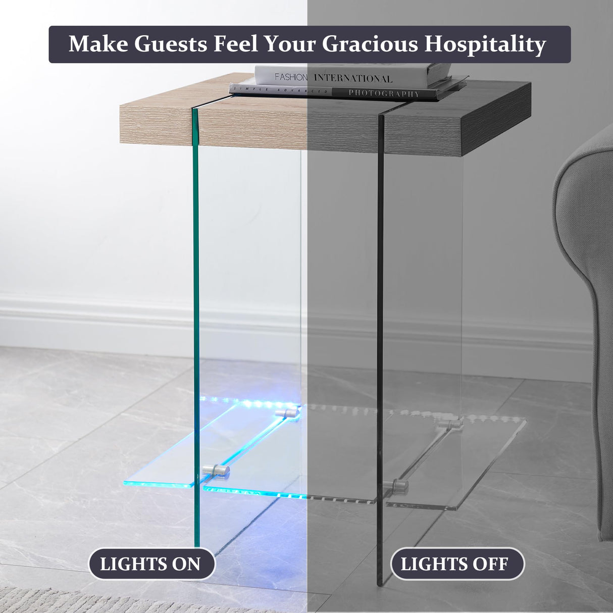 T4TREAM Morden End Table with RGB LED Lights, Tempered Glass and Wood Side Tables for Living Room, Nightstand with Storage Shelves for Bedroom, Natural Oak T4TREAM