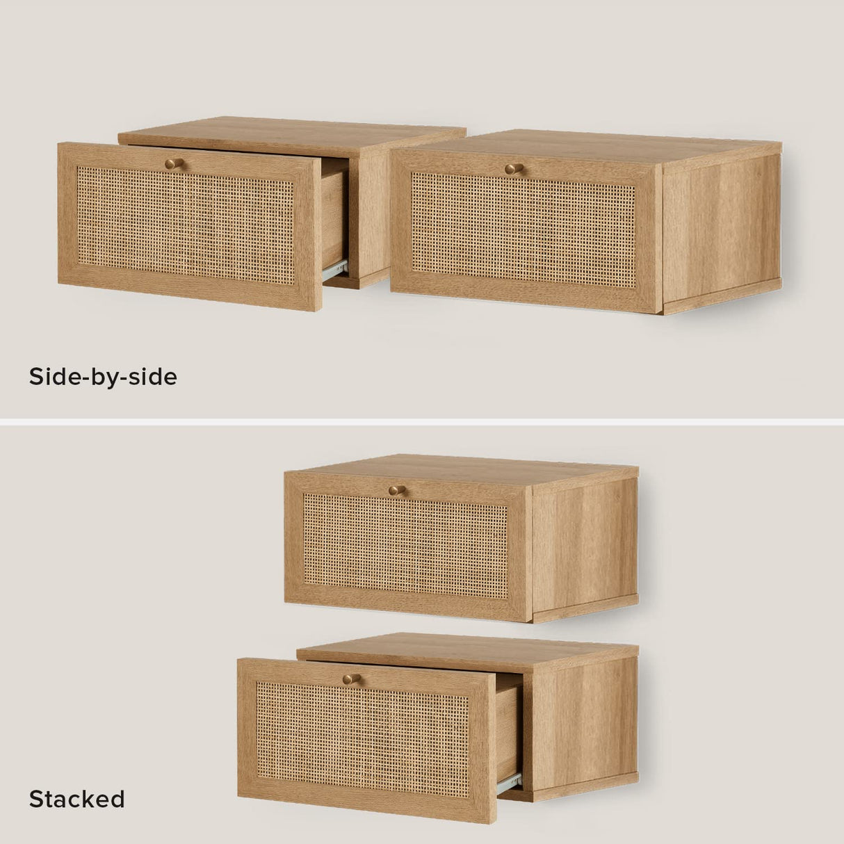 mopio Hannah Floating Nightstand, Natural Rattan Farmhouse Boho Wall Mounted Space Saving Bedside Tables, Nightstands, Drawer with Spacious Storage, for Bedroom, Living (Set of 2) mopio