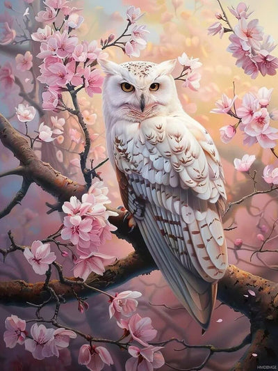 HMDIIMGE Cherry Blossom White Owl Diamond Painting Kits, 5D Full Round Gemstone Crystal Painting by Diamond Painting Art Kits for Adult, for Home Decor Living Room Decor and Relaxing Gift 12x16 Inch