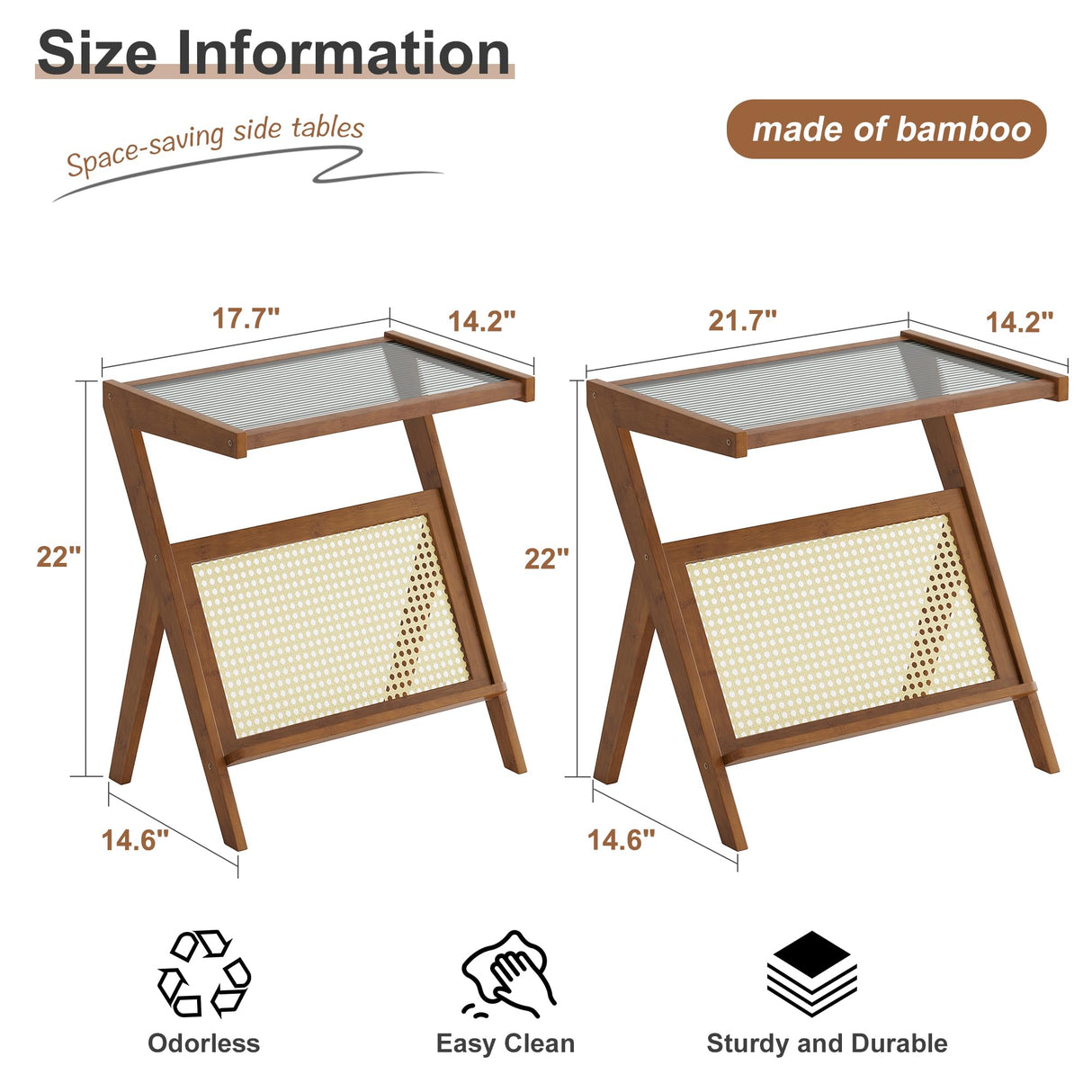 FILWH Bedside Table Side Table End Table Glass Small Table Bamboo Faux Rattan Computer Desk Bedroom Coffee Table with Storage for Study Living Room Bedroom Outdoor (Small 17.7") FILWH