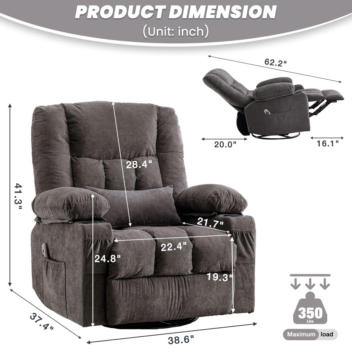 BOSMILLER Oversized Recliner Chair for Adults with Vibration Massage and Lumbar Heating Swivel Rocker Recliner with Cup Holder and USB Charge Port for Living Room BOSMILLER