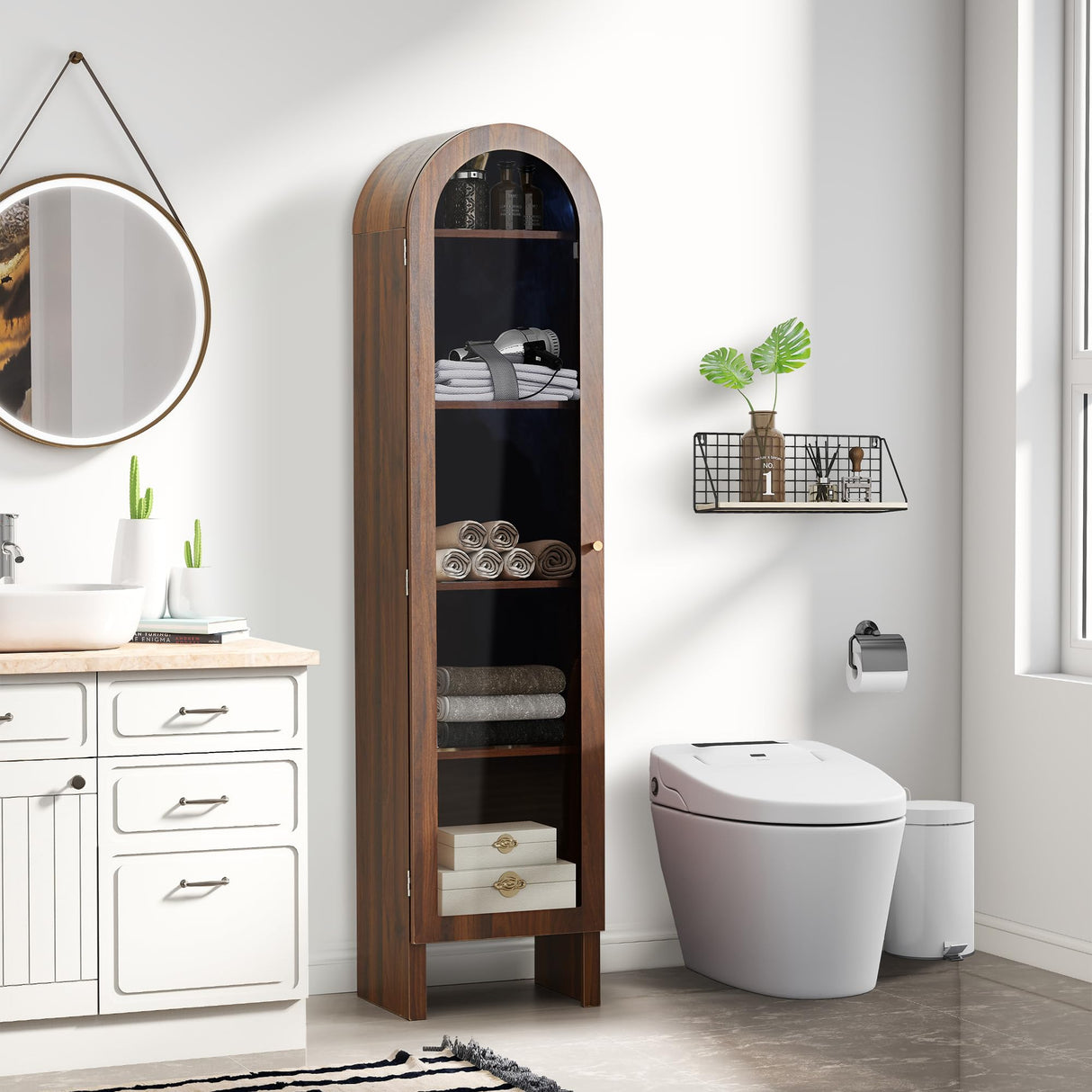 YUCHIATH 66.93" H Arched Bookcase, 5-Tier Arched Cabinet Bookcase with Adjustable Shelves, Accent Display Cabinet with Glass Door for Living Room, Reading Room and Bedroom (Walnut) YUCHIATH