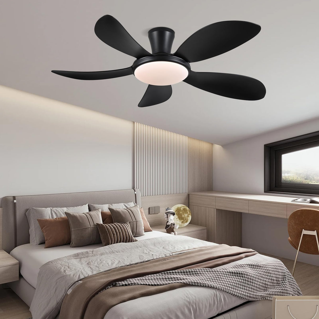 PHORUS 48" Low Profile Ceiling Fan With Lights and Remote/APP, Black With Quiet Reversible DC Motor, Dimmable 3 Colors 6 Speeds, Modern Flush Mount for Bedroom Kitchen PHORUS