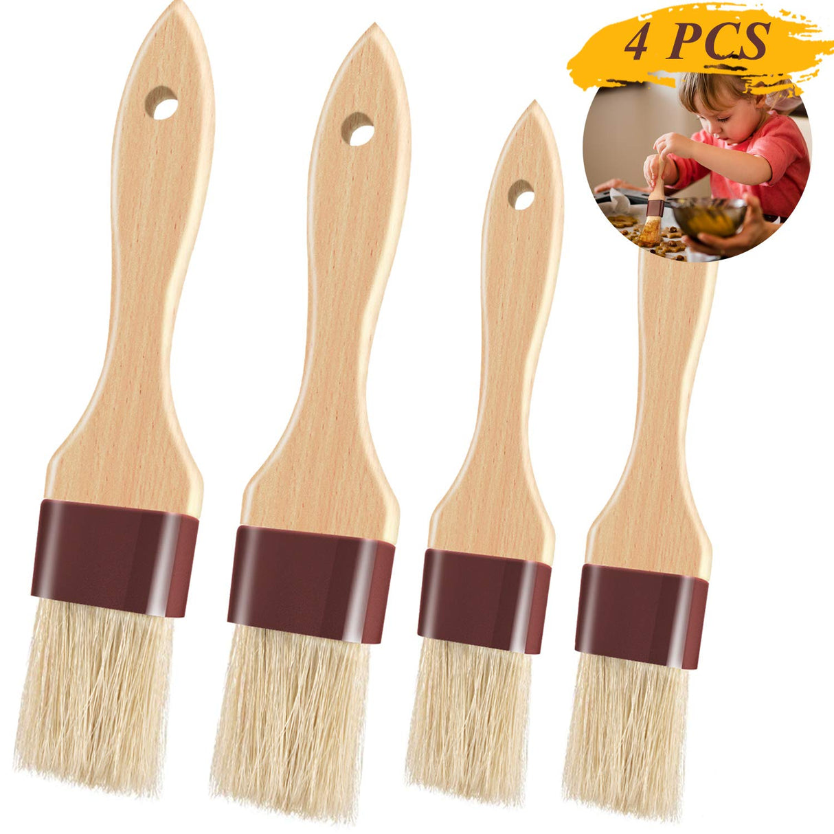 Pastry Brushes for Baking Basting Brush with Boar Bristles and Beech Hardwood Handles Culinary Oil Brush for Barbecue Butter Grill BBQ Sauce Baster Marinade Kitchen Food Cooking Brushes (1/1.5-4PCS) FurRain