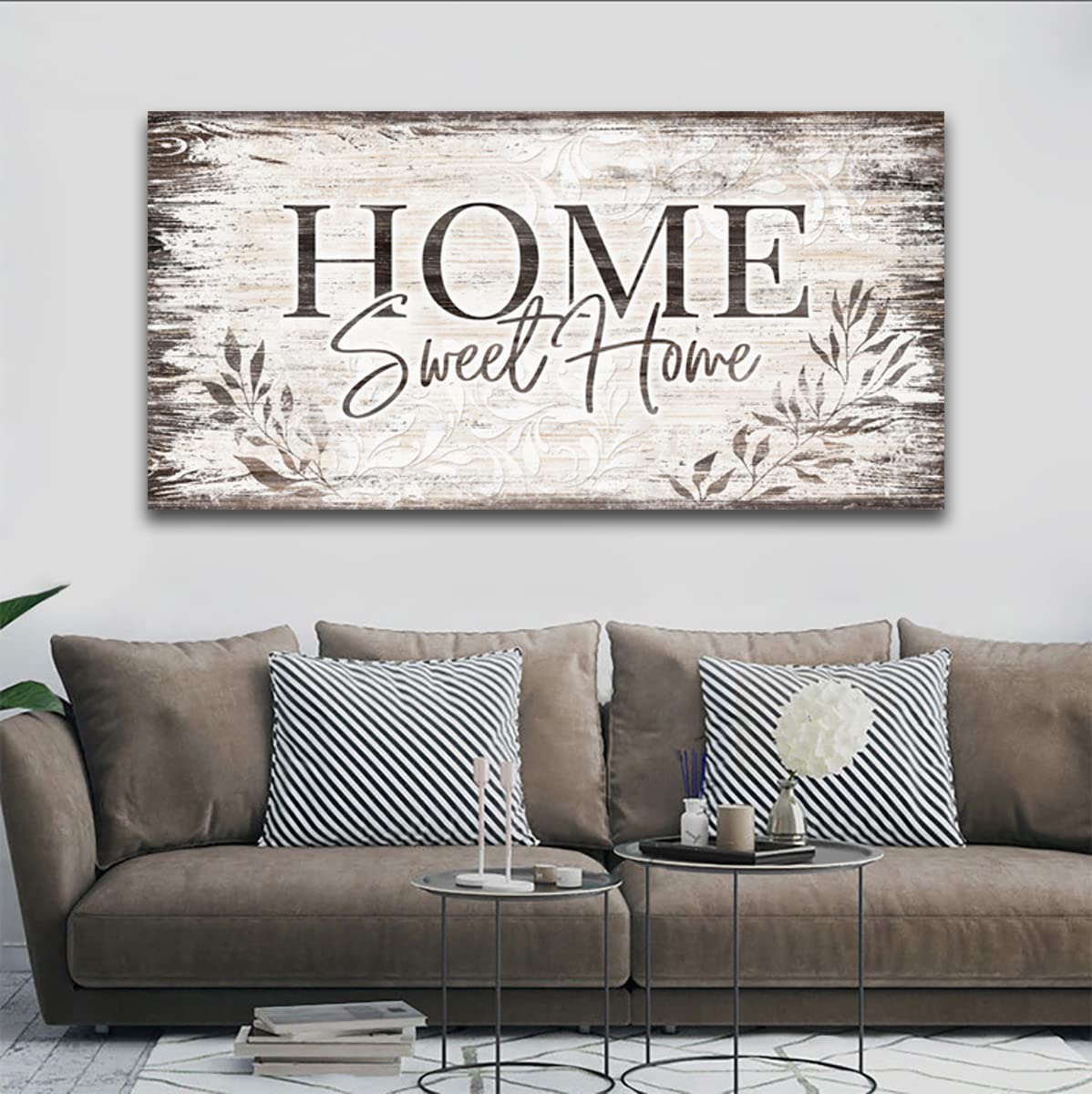 Home Sweet Home Wall Art Sign Large Dark Brown Farmhouse Wall Sign for Living Room Decoration Wooden Board Design Canvas Prints Modern Rustic Artwork Leaf Pictures Wall Decor 20" x 40" arteWOODS