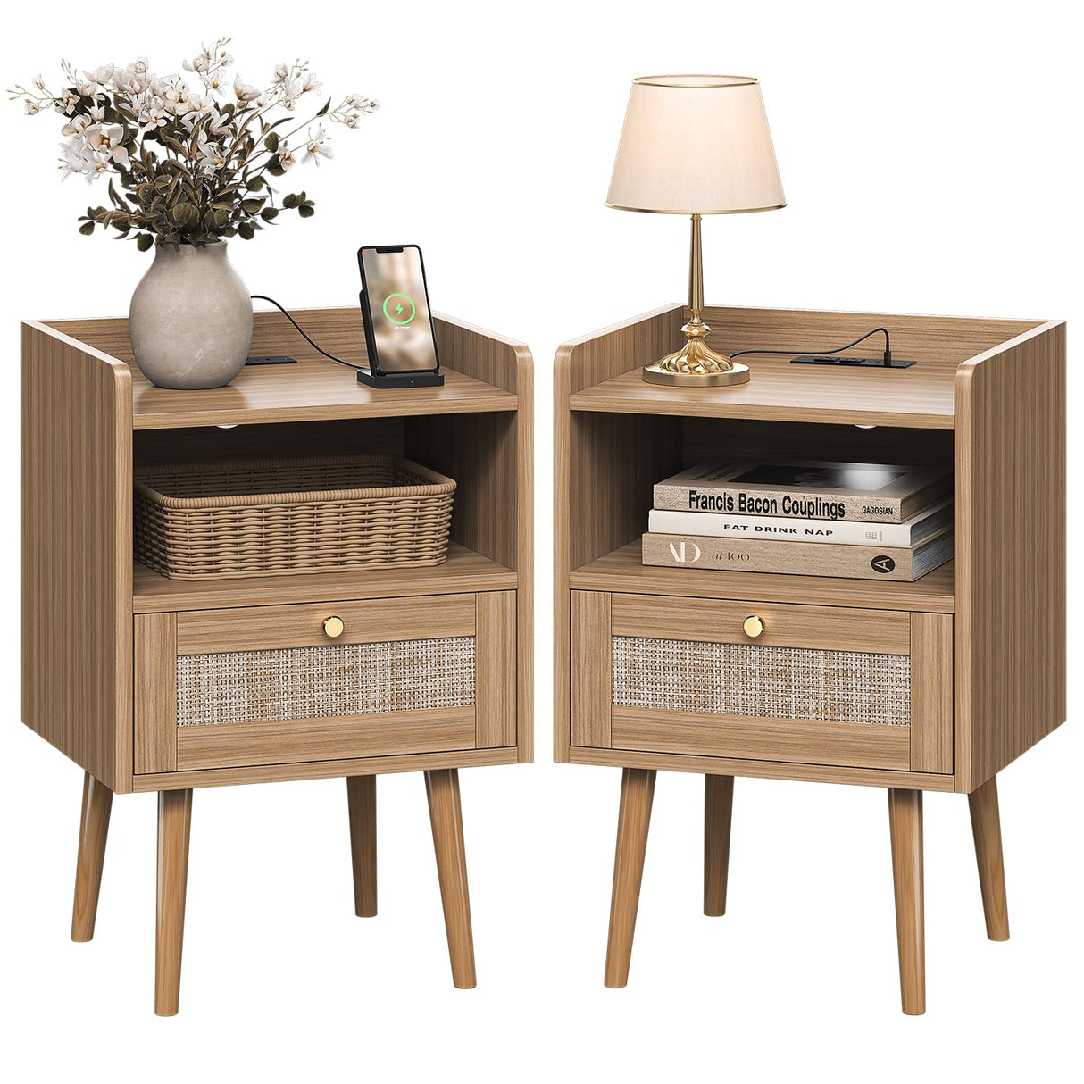 Night stand Set of 2, Bedside Tables with Charging Station, Rattan End Tables, Bed Side Tables, Wood Nightstands set of 2 for Farmhouse Kids' Room Bedroom Living Room Dorm Sofa Office Corner(Brown) MECHYIN