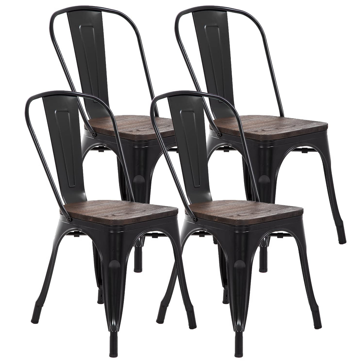 FDW Metal Dining Chairs Set of 4 Patio Chairs Furniture Indoor Outdoor Chairs Kitchen Metal Chairs Stackable Chair Tolix Side Bar Chairs Wooden Seat 18 Inch Seat Height Restaurant Chair,Black FDW