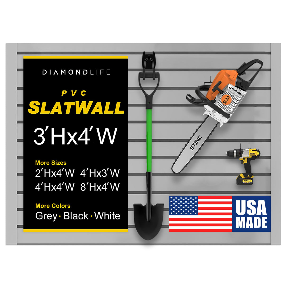 DLDIRECT 36" X 48" - Grey Slatwall Panel Garage Organizer: Heavy Duty Wall Mounted PVC Rack, Interlocking Slat Paneling for Garage Storage, Slotwall Board, Shelves System DLDIRECT