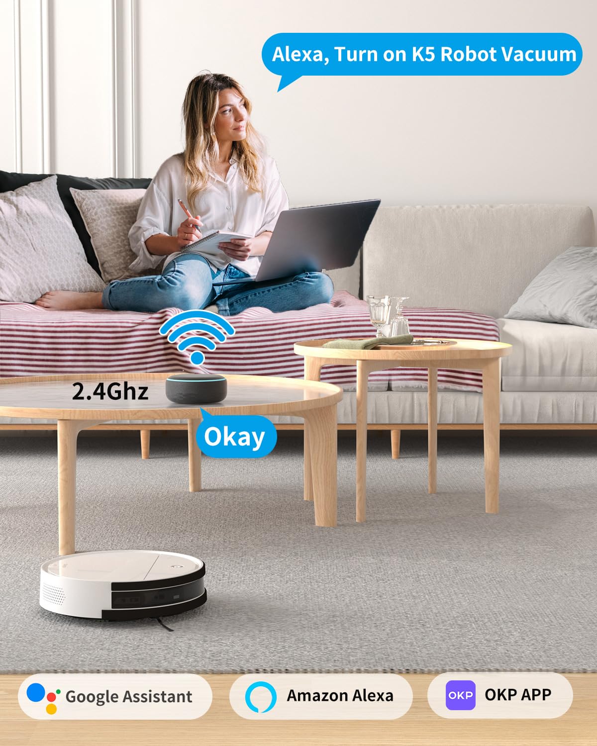 OKP Life K5 Robot Vacuum Cleaner, 120 Min Runtime, Robotic Vacuum Cleaner with WiFi/App/Alexa, Schedule Time, Self-Charging, Mini Design, Quiet, Ideal for Hard Floors, Pet Hair, Carpets OKP Life