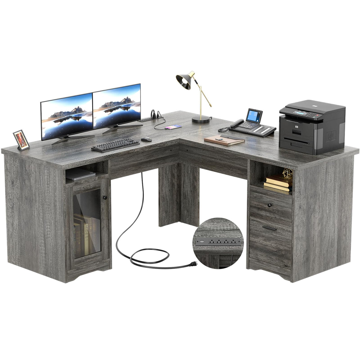 Unikito L Shaped Desk with Drawers, 60 Inch Corner Computer Desks with USB Charging Port and Power Outlet, Large 2 Person Home Office Table with File Cabinet, Black Oak Unikito