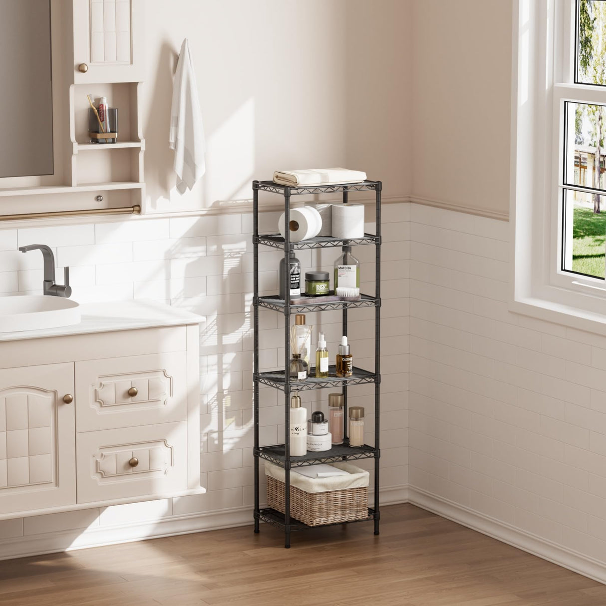 SINGAYE 6 Shelves Bathroom Organizers and Storage Shelf Wire Closet Metal Pantry Kitchen Small Garage Shelving Unit Laundry Room Organization Home Tall Rack Balck 10" D x 16" W x 60”H SINGAYE