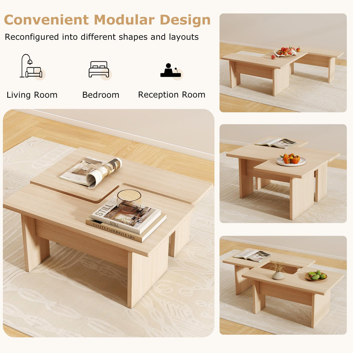 Giantex L-Shaped Coffee Table Set of 2, Modular Nesting Center Table with Grain Finish, Mid Century Modern Living Room Tables for Small Spaces Apartment (Oak) Giantex