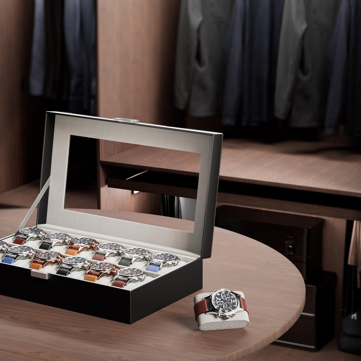 ProCase Watch Box Organizer for Men, 12 Slot Watch Display Case With Glass Lid, PU Leather Watch Storage Mens Watch Case, Watch Holder Organizer for Men Women -12 Slot, Black ProCase