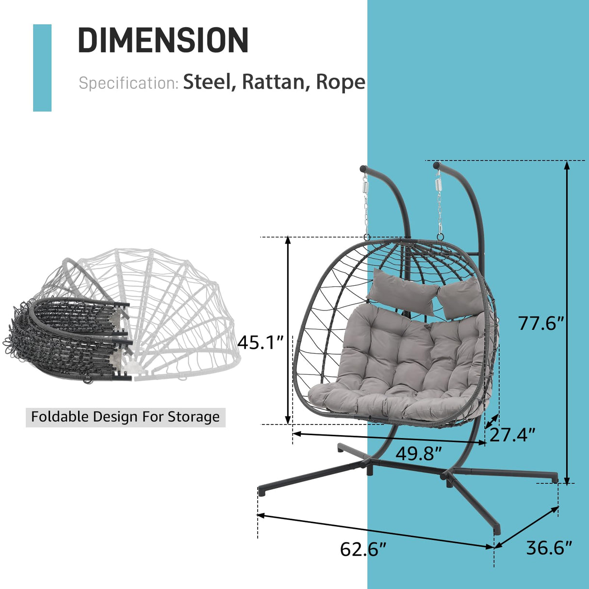Patiorama 2 Person Double Egg Swing Chair with Stand Indoor Outdoor, Patio Wicker Rattan Hanging Egg Chair w/Cushion, Pillow, Foldable Hammock Chair 550lbs for Bedroom, Balcony, Garden (Light Grey) Patiorama