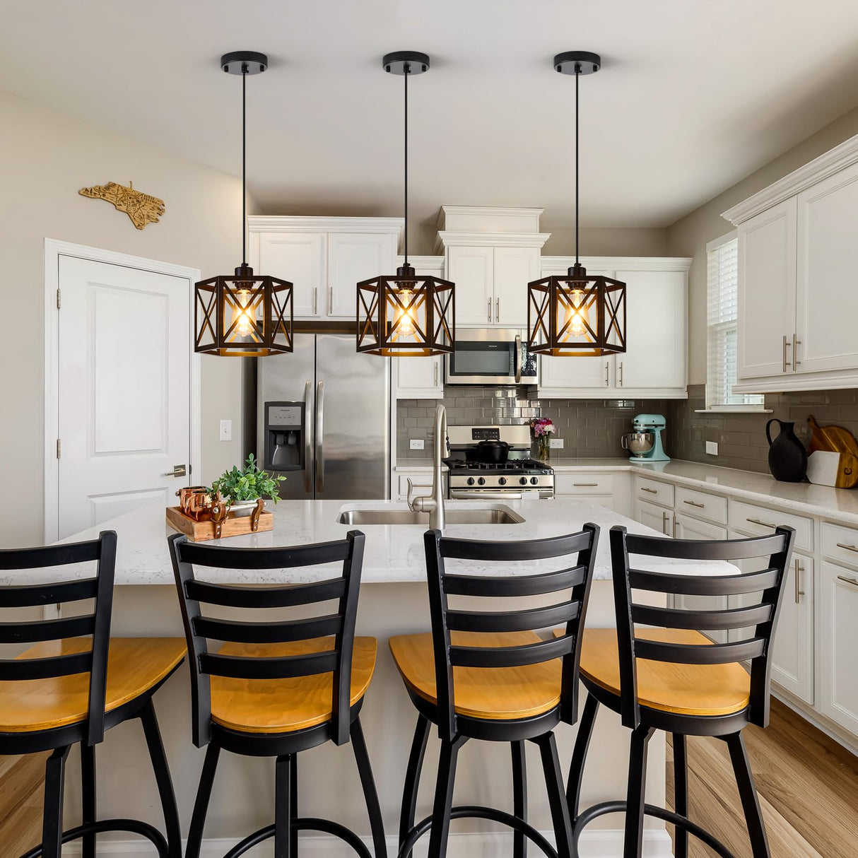 XSDeTu 2 Pack Farmhouse Pendant Lights, Modern Black Hanging Light Fixture with Hexagonal Cage, Industrial Metal Ceiling Lights, Adjustable Lantern Pendant Lighting for Kitchen Island Sink Hallway XSDeTu