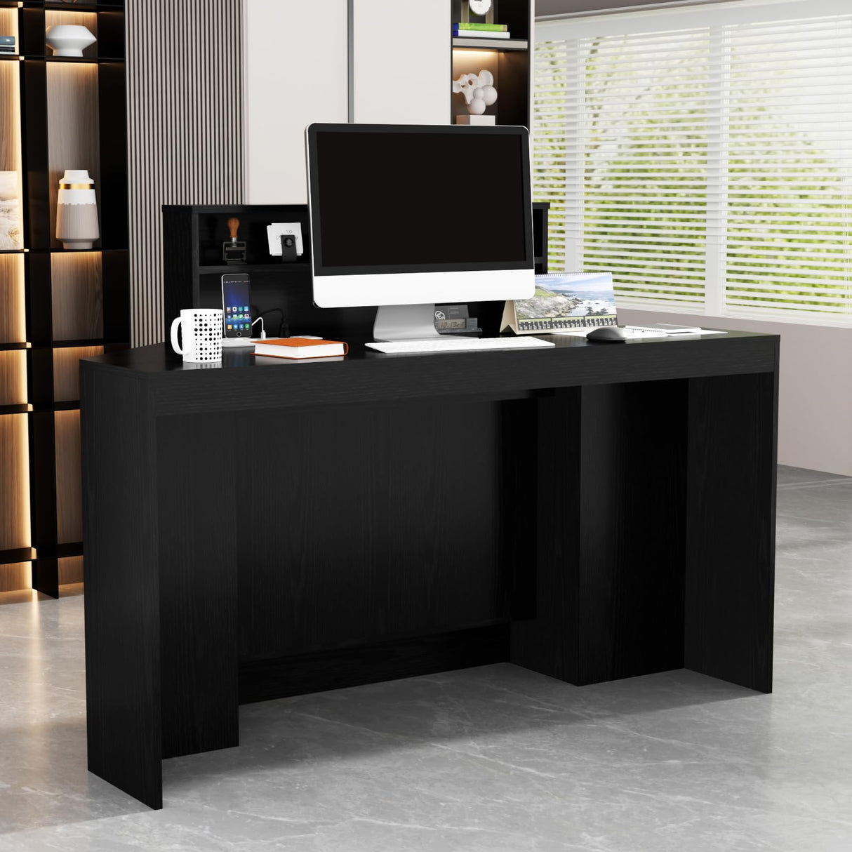 VOWNER 39.3" H Modern Reception Desk with LED Lighting, Office Counter with Display Cabinet, Secretary Desk with Power Outlets – Front Desk for Salon, Lobby – White (55.1" W x 21.2" D x 39.3" H) VOWNER