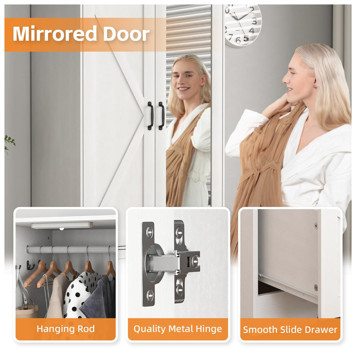 CUPYUOOU 72" White Armoire Wardrobe Closet with Mirror Door & LED Light, 2-Door Bedroom Clothes Cabinet with Hanging Rod, Drawers & Adjustable Shelves, Modern Farmhouse Storage Wardrobe for Apartment CUPYUOOU