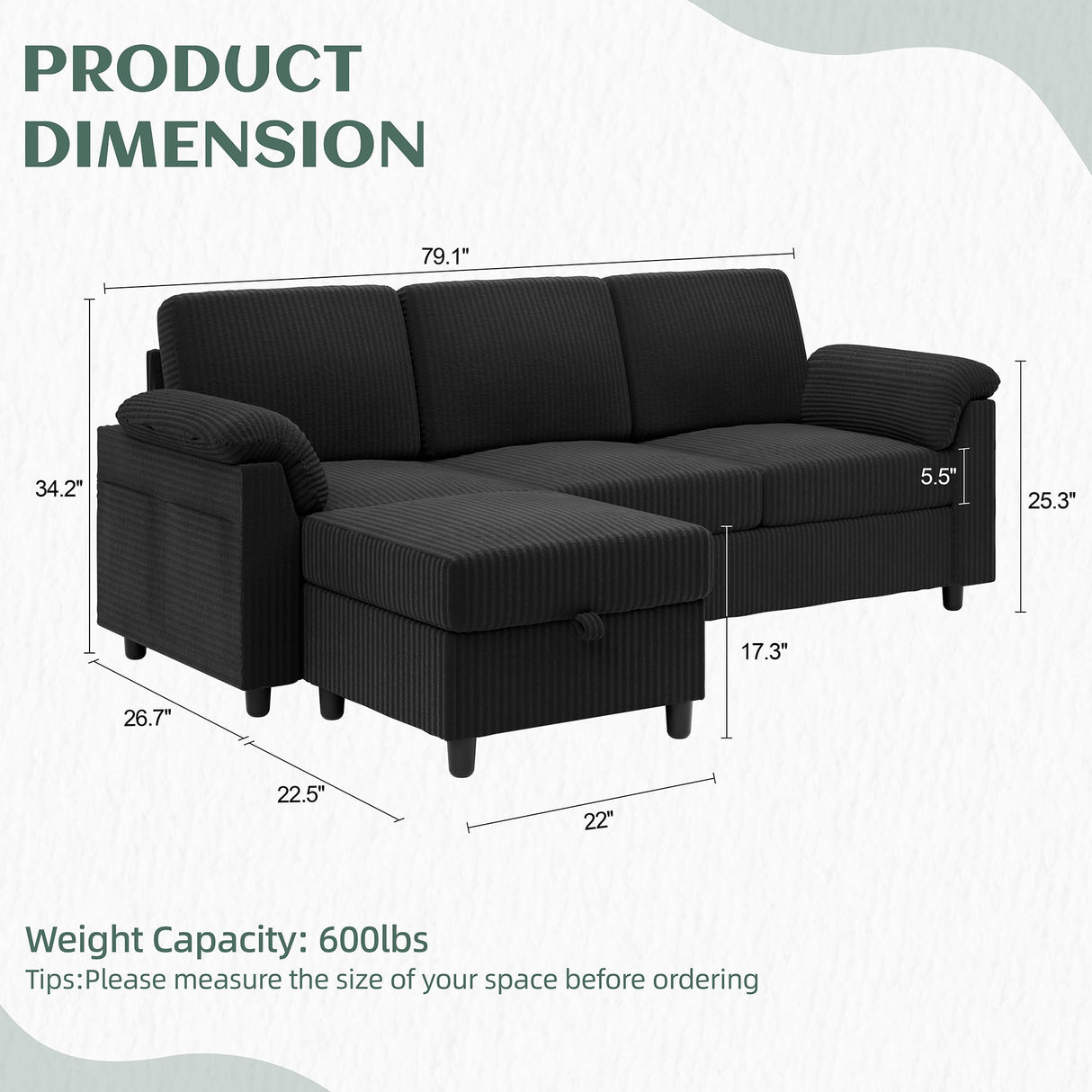 Vongrasig Convertible Sectional Couches, 3 Seat L Shaped Couch Sofa with Removable Pillows Linen Fabric Small Couch Mid Century for Living Room, Apartment and Office Black Vongrasig