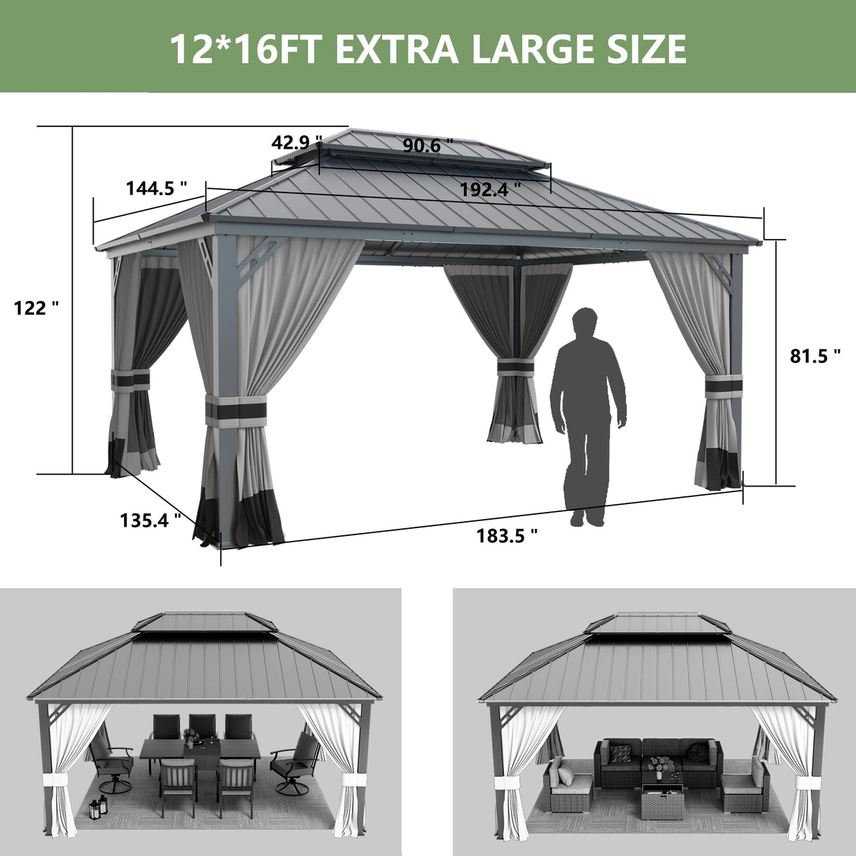 12' x 16' Hardtop Gazebo,Outdoor Galvanized Steel Metal Double Roof Gazebo with Curtains and Netting for Patios, Gardens, Lawns,Grey Kullavik