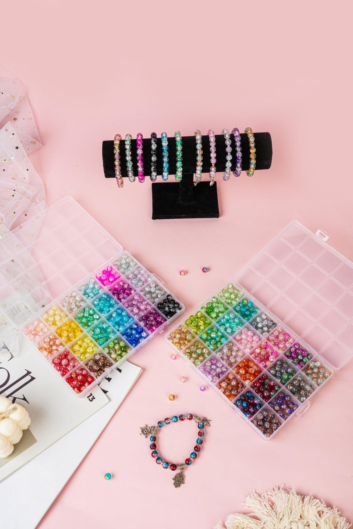 1300PCS 8mm Mixed Crackle Glass Beads for Bracelets Making with Accessories, 48 Colors Crystal Glass Beads Jewelry Making Kit, Round Beads for DIY Bracelet Crafts REVKI