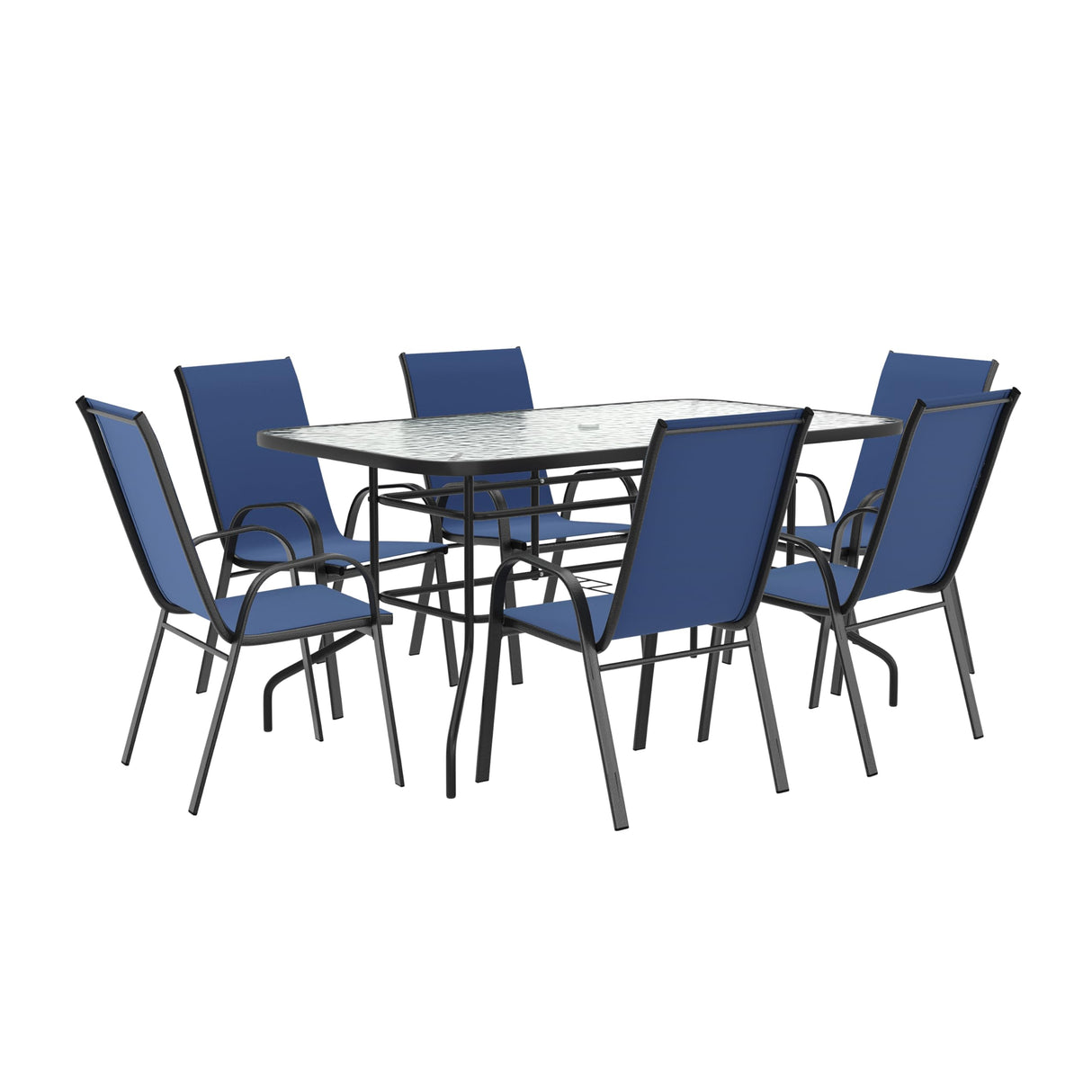 Flash Furniture Brazos 7 Piece Outdoor Patio Dining Set - 6 Navy Flex Comfort Stack Chairs - 55" Tempered Glass Patio Table with Umbrella Hole Flash Furniture