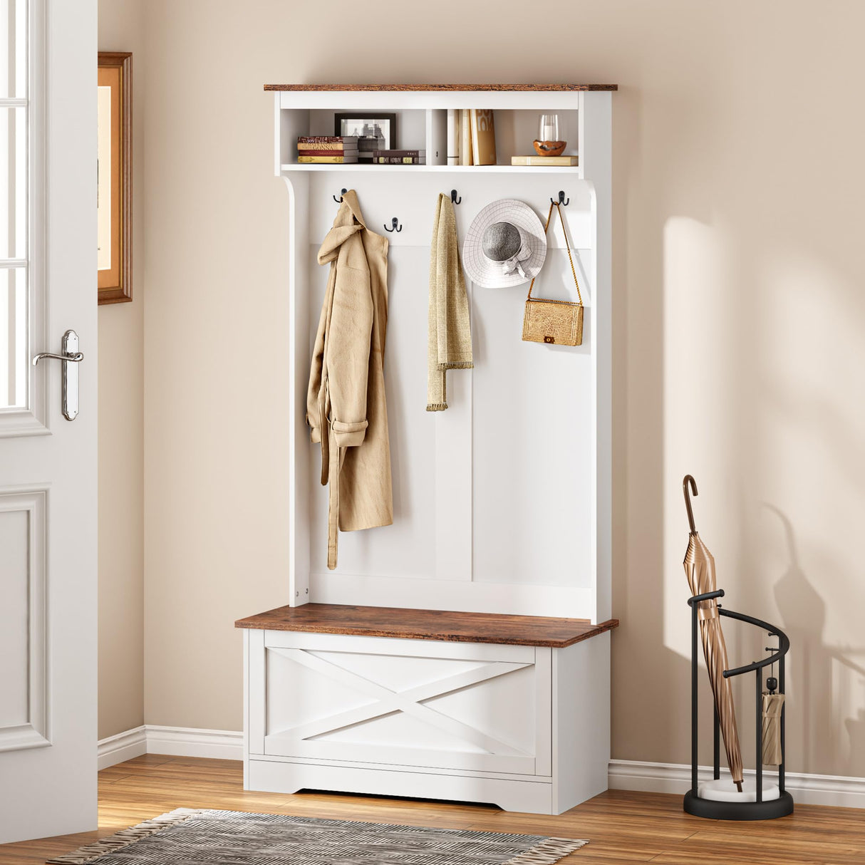 SogesHome Hall Tree with Bench, Coat Rack Close Storage with Shoe Bench, Farmhouse Tree Hall with 2 Storage Cabinet, 5 Hooks, Narrow Tall Cabinet for Entryway and Space Saving SogesHome