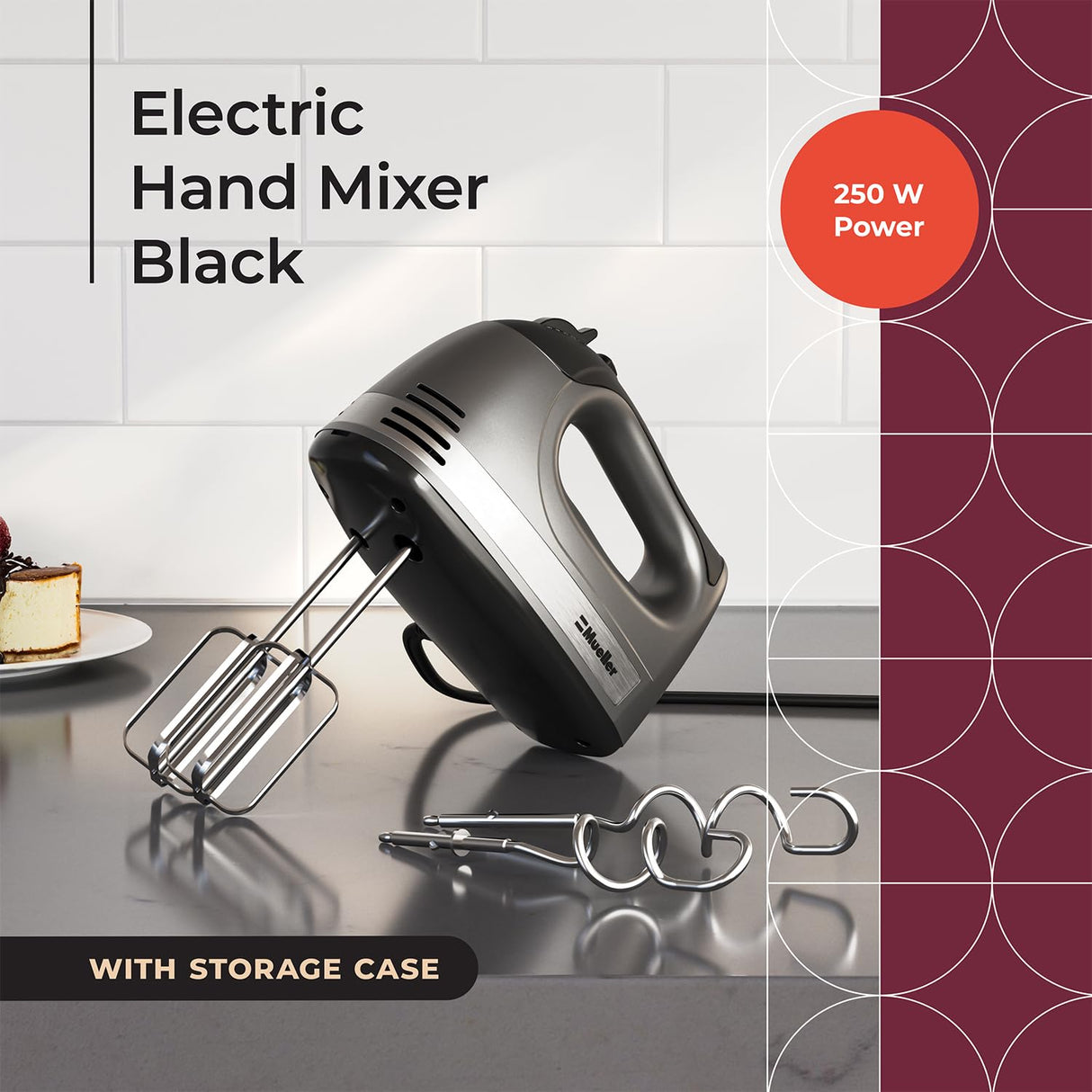 Mueller Electric Hand Mixer, 5 Speed 250W Turbo with Snap-On Storage Case and 4 Stainless Steel Accessories for Easy Whipping, Mixing Cookies, Brownies, Cakes, and Dough Batters Mueller