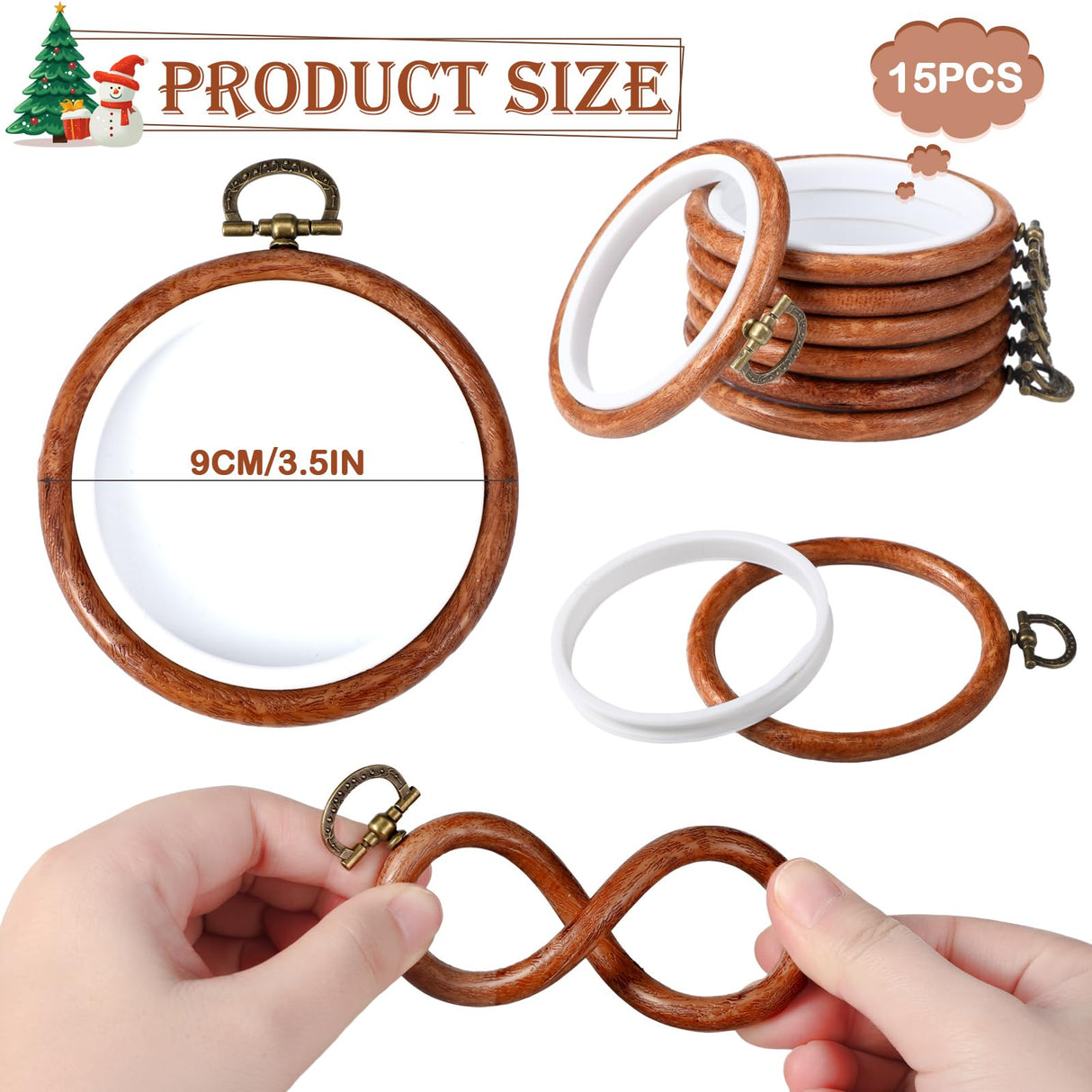 Burbell 15 Pcs Spring Round Embroidery Hoops Frame Circle Rubber Hoops Ring Display Cross Stitch Ornament Imitated Wood Frame Kits for Christmas in July Craft Sewing DIY Hanging Gifts(3 Inch) Burbell