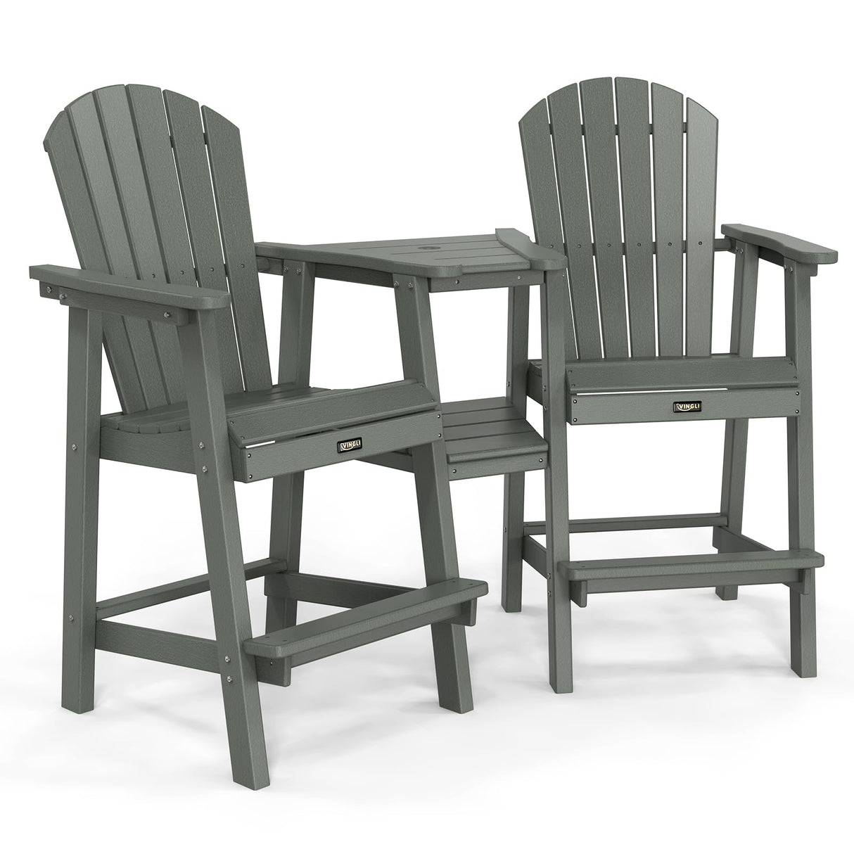 VINGLI Tall Adirondack Chairs Set of 2 with Removable Double Connecting Trays, HDPE Adirondack Bar Stools Poly Deck Chairs, 350LBS Capacity (Grey) VINGLI