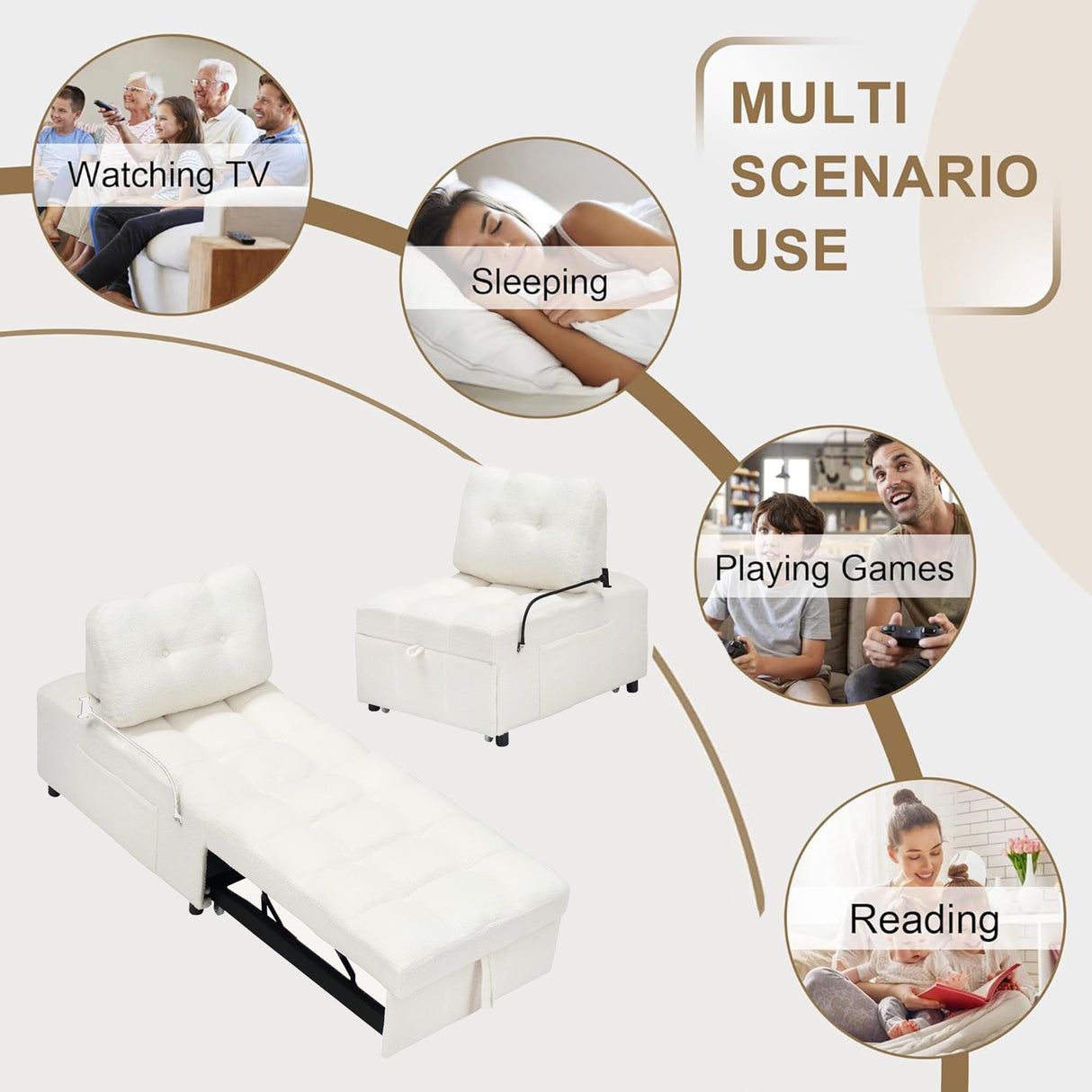 Anwick Modern 3 in 1 Teddy Fabric Sofa Bed Futon,Convertible Pull Out Bed Couches with Adjustable Backrests,Phone Stand,Single Sleeper Chair Bed for Small Living Room Bedroom (White) Anwick