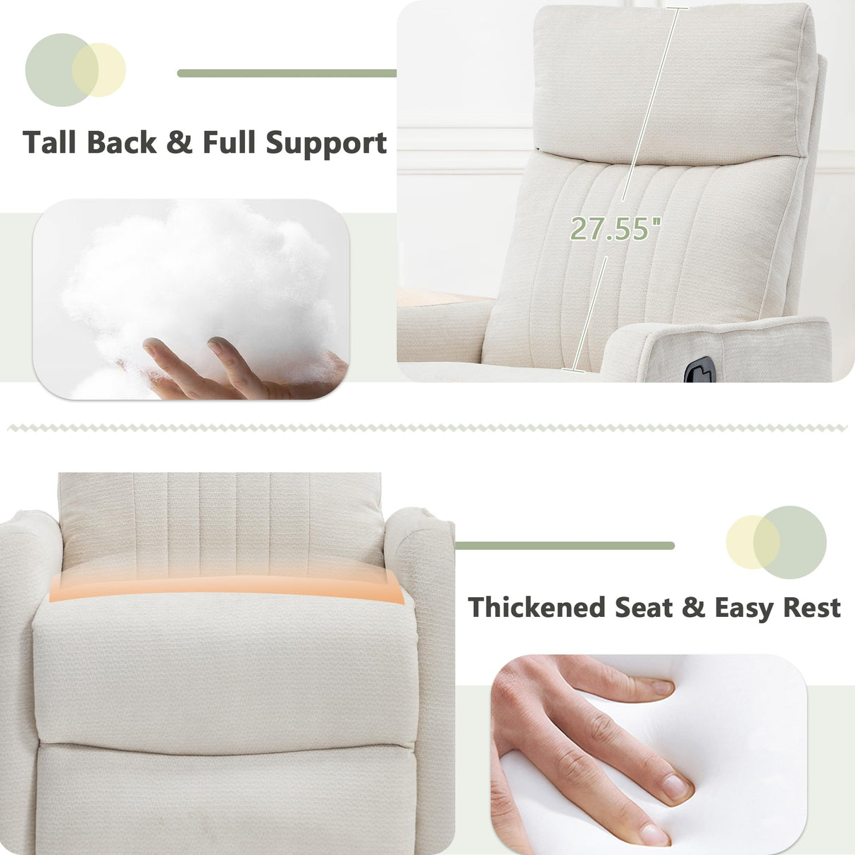 cinkehome Swivel Rocker Recliner, Glider Rocking Recliner Chair for Nursery, Manual Reclining Chair with Heated Massage, Small Spaces, Living Room, Off-White Chenille cinkehome