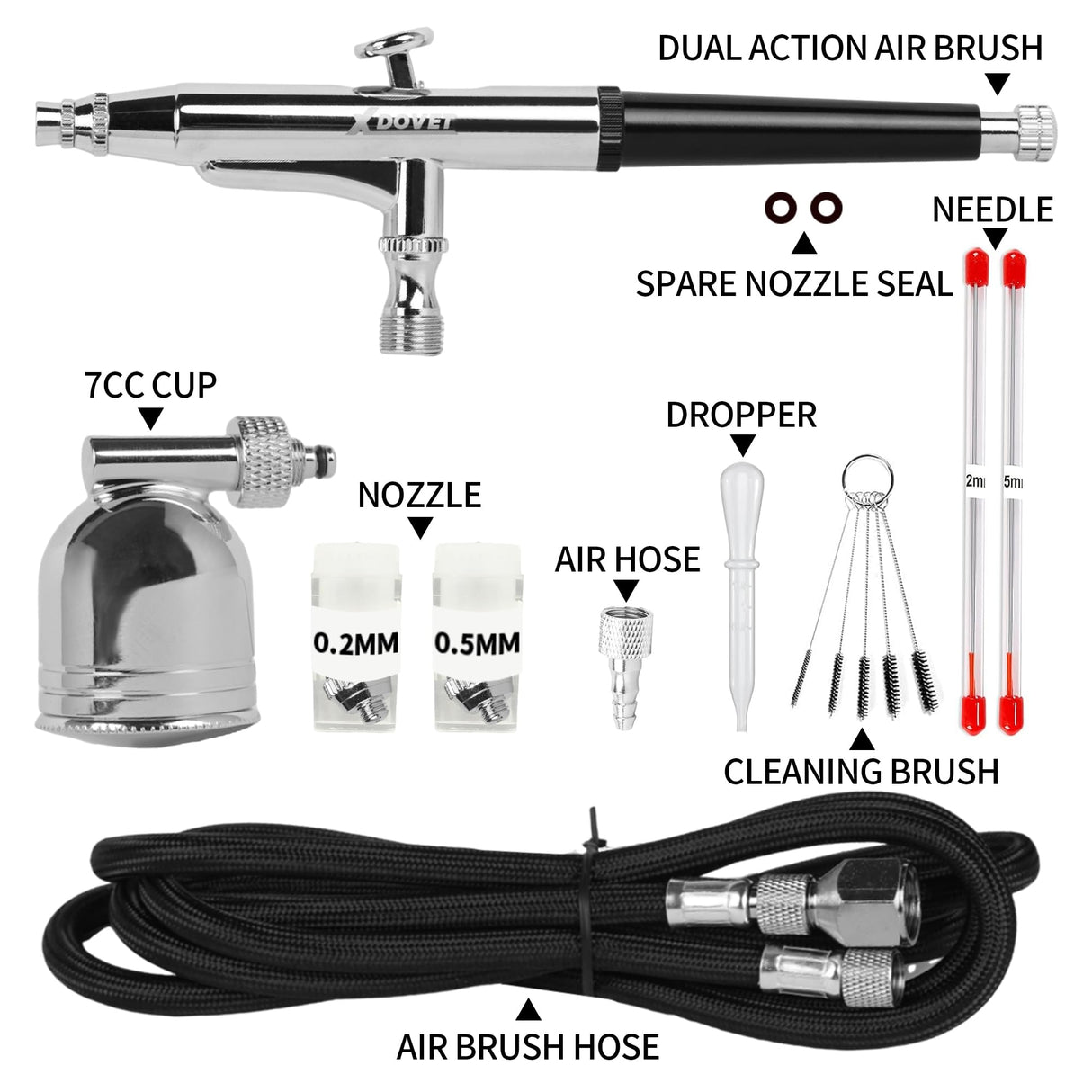 XDOVET Professional Dual Action Airbrush Kit with 7ml Metal Paint Cup and Side Pot - Ideal for Tattoos, Makeup, Nails, Models - 0.2/0.3/0.5mm Needle - Complete Airbrush Kit XDOVET