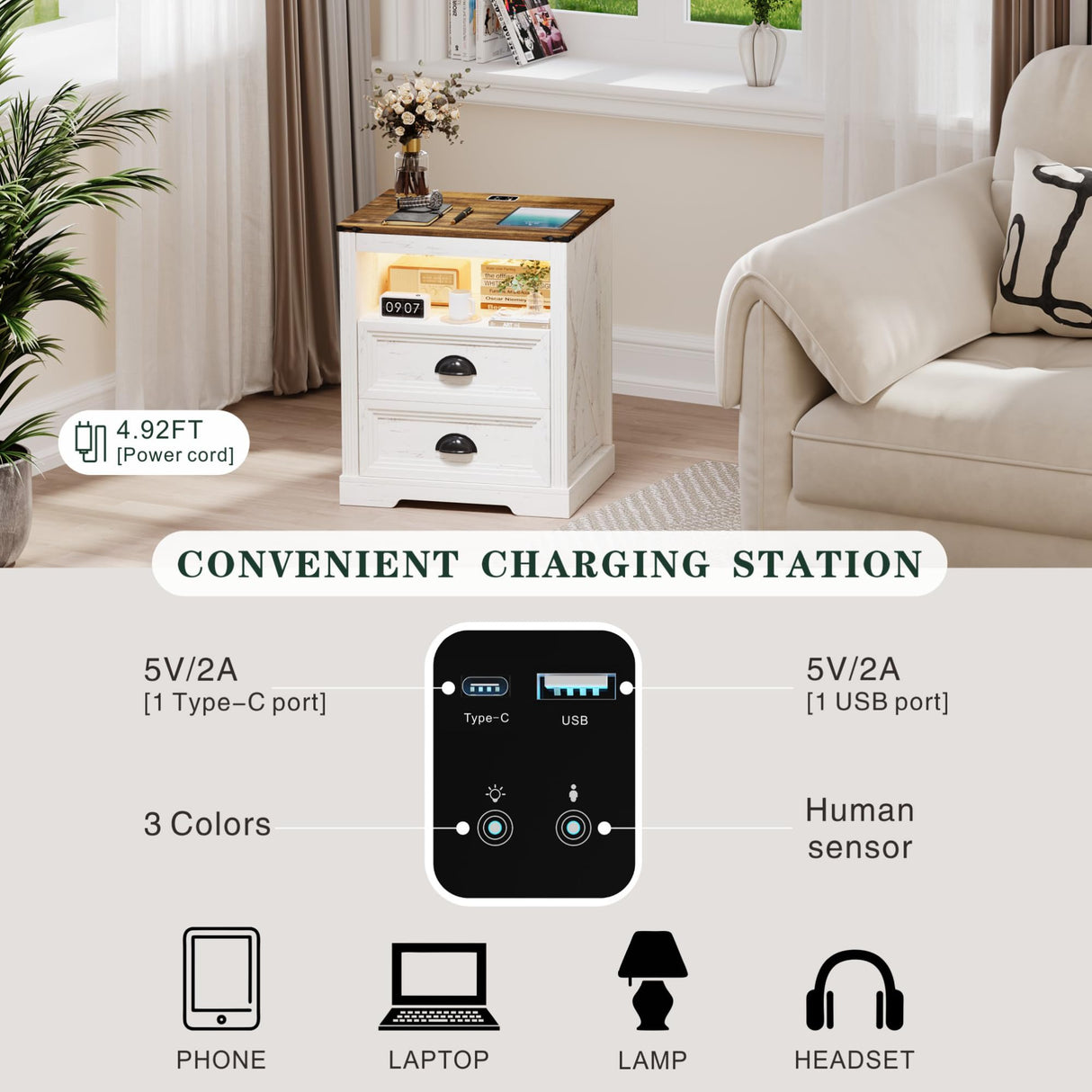 FONTOI Farmhouse Nightstand, End Table with Drawers, Nightstand with Charging Station, Bedside Table with 3 LED Lights Modes, Wood Nightstand with Smart Human Sensor for Bedroom, Brown & White FONTOI